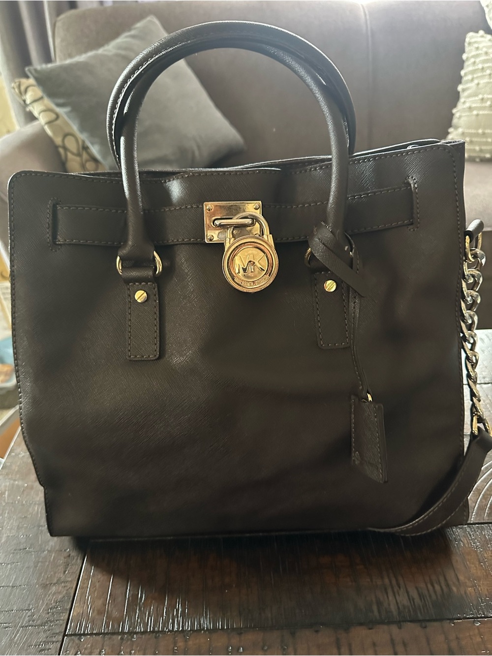 Michael Kors Dark Brown Leather Satchel with Gold Hardware